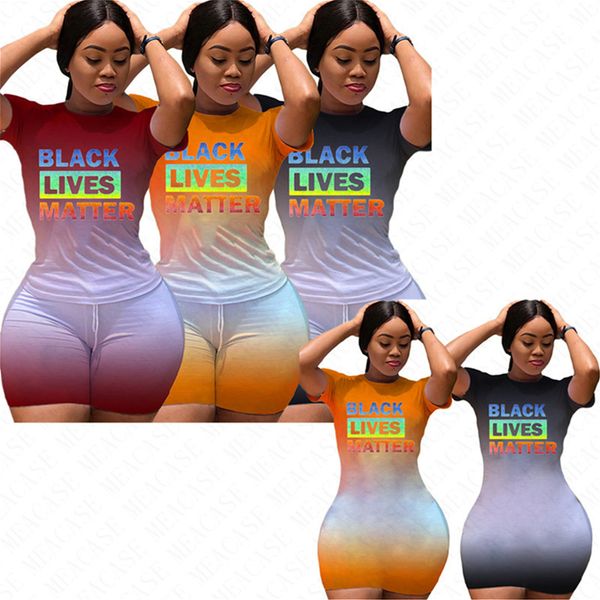 

black lives matter letters women dresses tracksuit gradient color summer dress trendy t-shirt shorts sets outfits sports suit d61207, White
