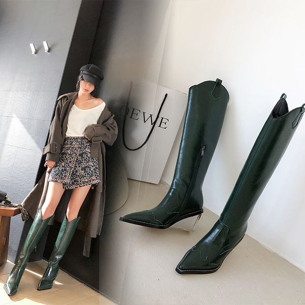 

2019 new fashion embossing plaid runway boots women knee high boots pointed toe strange high heel ladies, Black