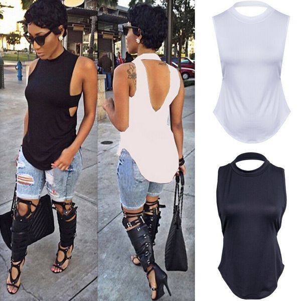 

fashion women summer loose vest sleeveless casual tank t-shirt female casual backless hollow out tanks, Black;white