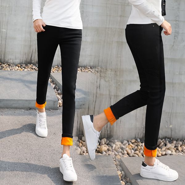 

thick high waist jeans female winter outside show thin, Blue