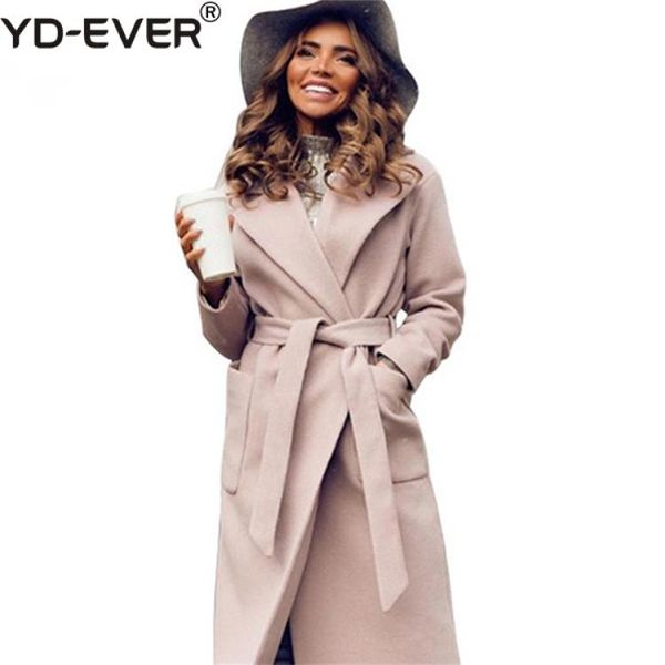 

elegant long women's coat lapel 2 pockets belted jackets solid color coats female outerwear, Black