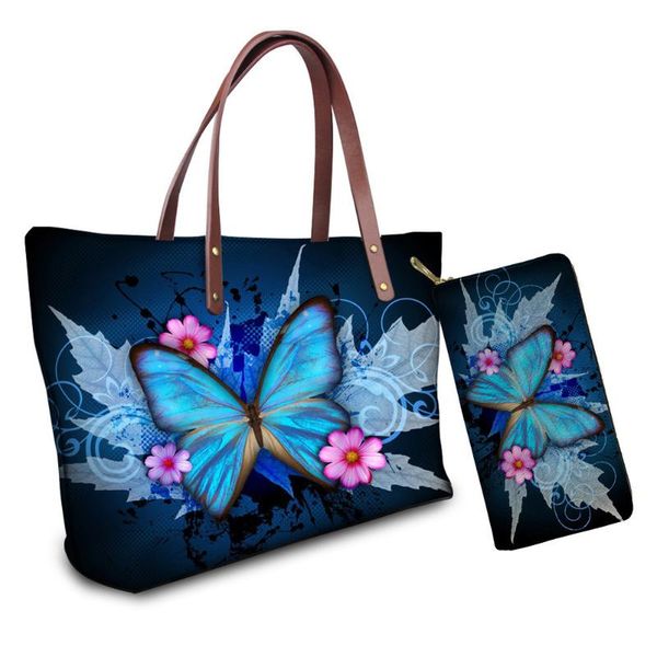 

whereisart butterfly print 2pcs/sets handbags and wallet large capacity shoulder bags for women nepprene travel handbags