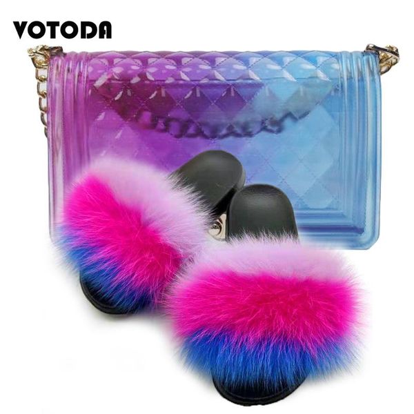 

women fur slippers handbag set furry fur slides real hair slippers fashion lady flip flops rainbow transparent jelly bag set, Black