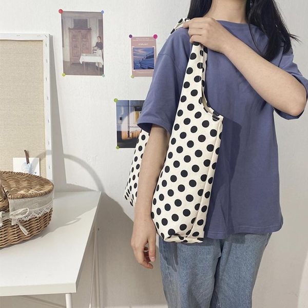 

women canvas handbags classic texture creative design chic totes polka dot reusable portable shopping shoulder bags