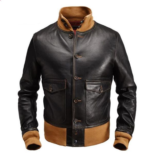 

2019 новый высокое качество мужская классический a1 кожаный jacketvintage подлинная дубленка тонкий мягкий черный мужчины jacketsflight одеж, Black