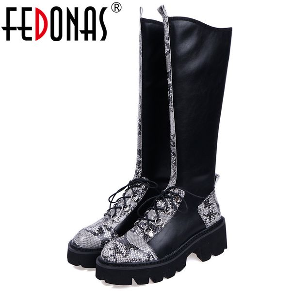 

fedonas animal prints genuine leather big size motorcycle boots night club shoes woman platform boots new women knee high, Black