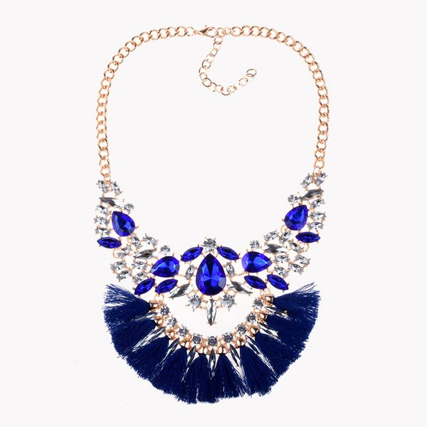 

bk retro choker necklace vintage alloy chain acrylic glass resin beads statement tassel rope fabric pendant bib for summer jewe, Golden;silver