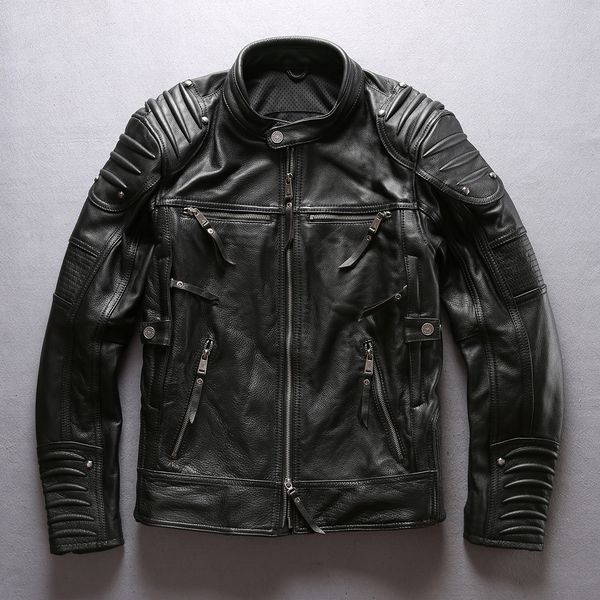 

2020 brand professional motorcycle genuine leather jacket men cowskin slim fit men's biker jacket black real leather coat