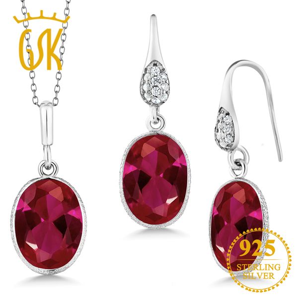 

gemstoneking 15.00 ct oval red created ruby jewelry set 925 sterling silver pendant earrings set for women fine jewelry, Black