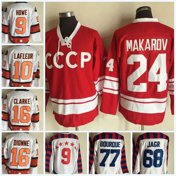 

Newest Men Stitched Star 9 Howe 10 Latleur 16 Dlarke 24 Makarov 68 Jage 77 Bourque Red White Ice Hockey Jerseys