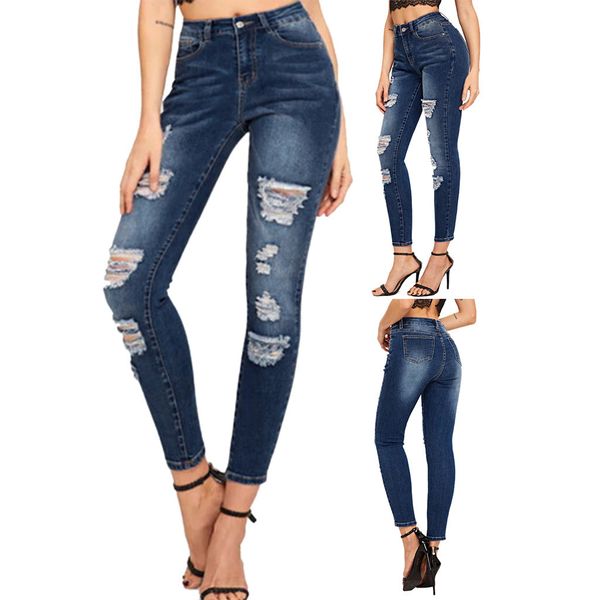 

2019 new fahsion skinny hole women stretch jeans denim skinny ripped pants high waist stretch slim pencil trousers#4, Blue