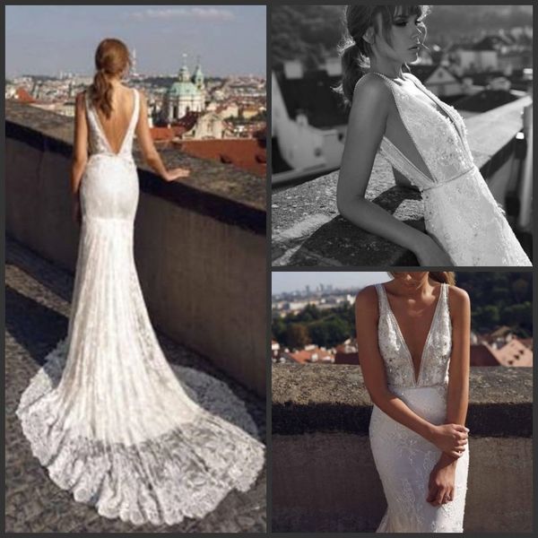 

2019 new fashion lace beaded mermaid wedding dresses deep v-neck trumpet backless bridal dress plus size 3d appliqued wedding gowns, White