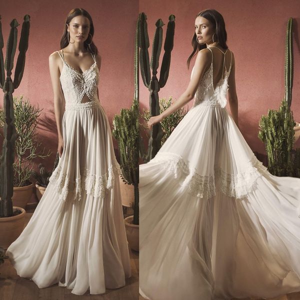 

elegant lace wedding dresses spaghetti straps appliques chiffon bridal gowns 2020 backless floor length a-line wedding dress, White