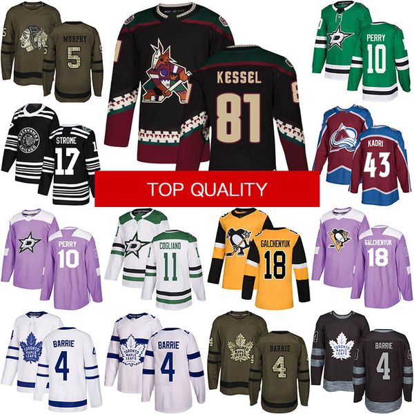 

81 Kessel 5 Murphy 17 Strome 43 Kadri 10 Perry 11 Cogliano 18 Galchenyuk 4 Barrie Mens Black Green White Stitched Jersey