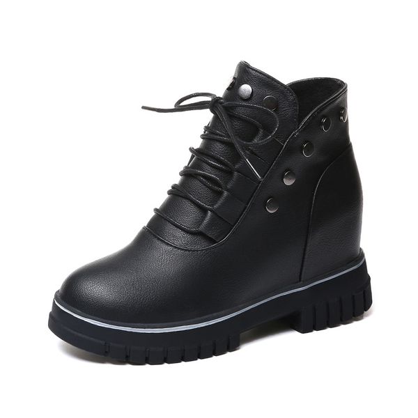 

ankle boots wedge leather womens boots autumn winter women shoes platform boots casual fashion rivets punk chunky heel boot, Black