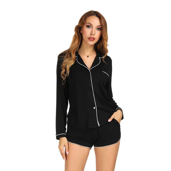 

modal home underwear women's long-sleeved with pants casual style pajamas set black color pajamas for women 2019, Black;red