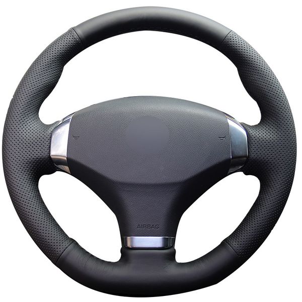 

black natural leather car steering wheel cover for 2013 peugeot 408