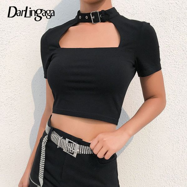 

women's t-shirt darlingaga cotton choker halter black women fashion gothic summer crop short sleeve tshirt slim tee shirt femme 2021, White