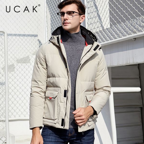 

ucak brand white duck down jacket men casual hooded coat winter warm thick outwear stylish fashion tooling pockets clothes u8014, Black