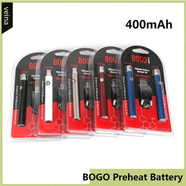 

Подлинный комплект зарядного устройства Bogo Double 400mAh 510 Thread LO Предварительный нагрев и регулируемое напряжение Картридж Vape Pen Аккумулятор для густого масла