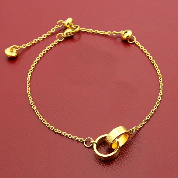 Pulseiras de mão de marca de moda de luxo, pulseira pequena, anel duplo, aço de titânio, ouro rosa 18k, pulseira de amor para mulheres
