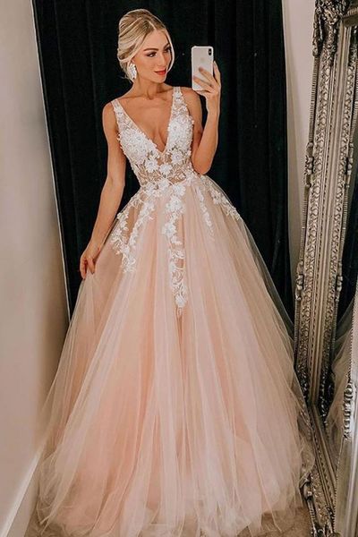 

2019 prom dresses long deep v-neck long party dress for girls lace appliques champagne prom party gowns romantcic, White;black
