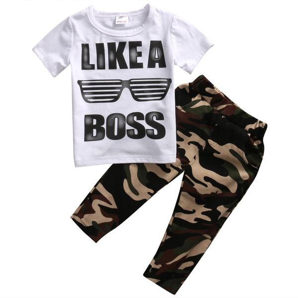 

newborn toddler kids baby boys outfits set children cotton short sleeve t-shirt + camouflage pants 2pcs clothing sets, White