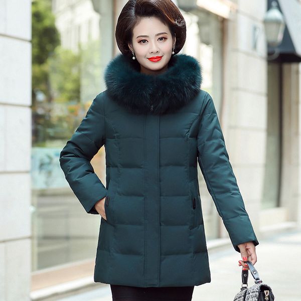 

winter women's thick down jacket coat middle-aged women's apparels mid-length white duck down raccoon jacket, Black;white