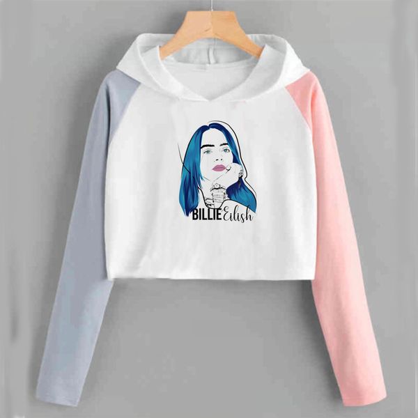 

billie eilish crop толстовка женщины повседневная мода обрезанные топ пуловер женский jumper толстовка с длинным рукавом блузка толстовка же, Black