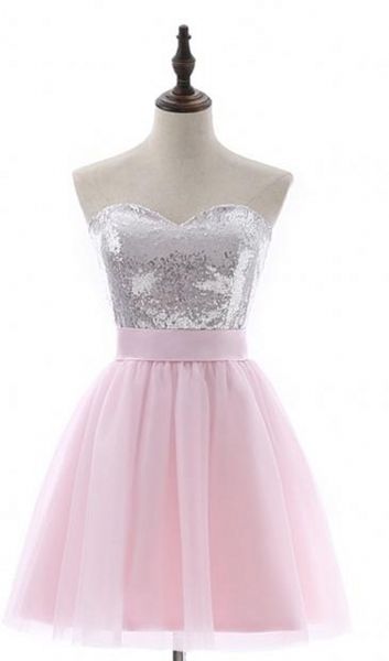 Modern Pink Party Dressos A-Line Mini Tulle Lantejas de tule de manga curta Vestidos de coquetel sem costas de volta Vestidos de baile de tamanho Hy378