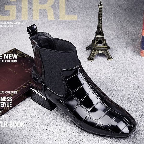 

new fashion chic women boots shiny pu leather autumn winter shoes woman spuare toe block heels ankle boots female botas zapatos mujer, Black