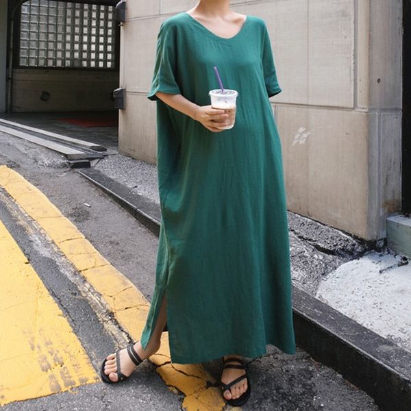 

johnature новый повседневный простой v-образным вырезом с коротким рукавом белье плюс размер женские платья 2020 лето сплошной цвет карманы, Black;gray