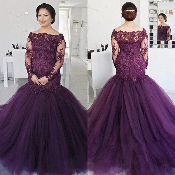 

custom made lace beads off shoulder evening dresses plus size long sleeve lace up back tulle mermaid prom gowns, Black;red
