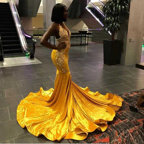 

gold mermaid african black girls prom dresses halter appliques sequined beads velvet evening gown backless sweep train prom wear, Black;red