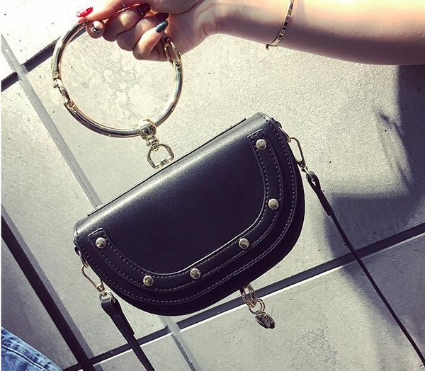 

fashion women's bag european and american fashion simple rivet women's bag, shoulder bag, metal ring handbag, flip bag