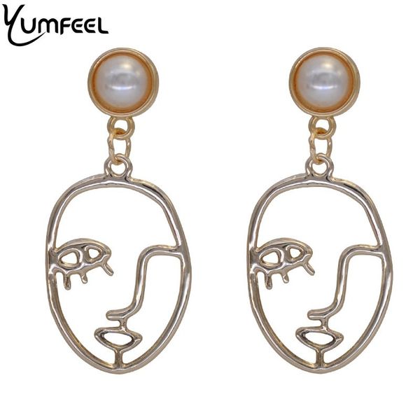 

yumfeel new trendy fashion gold tone face statement earrings for women hollow piercing earrings bijoux gifts, Golden;silver