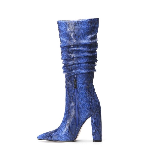 

designer shoes women 2019 new pleated chunky heel winter fashion boots pointed toes snake pattern high heels knee boots botas, Black