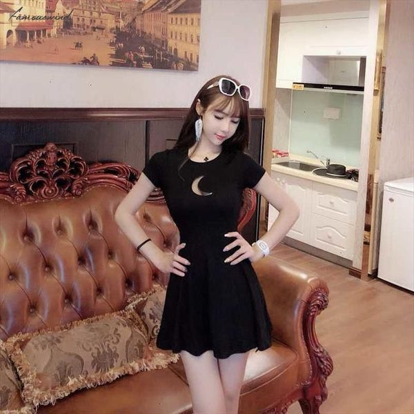 

womens chest dress summer moon hollow out design round neck short sleeved slim mini chiffon gothic dress designer clothes, Black;gray