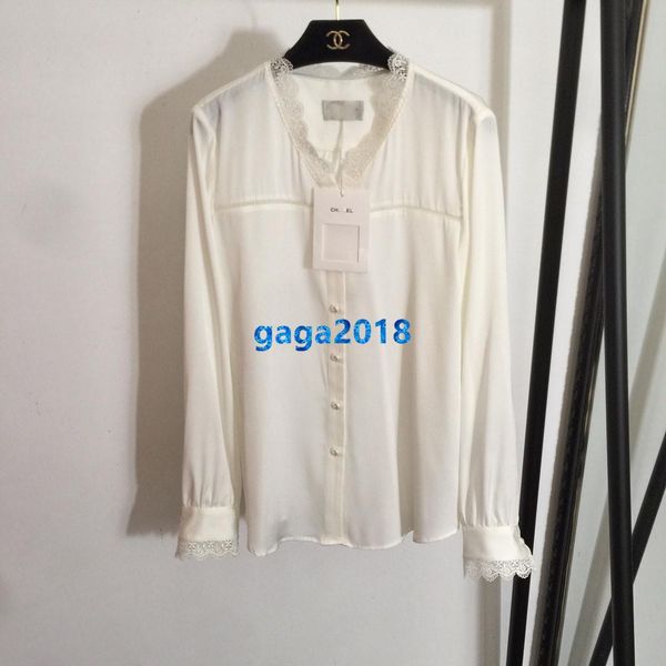 

высокого класса женщины девушки шелковая рубашка с цветочным лоскутное кружева v-образным вырезом винтажный длинный рукав футболка блузка вп, White