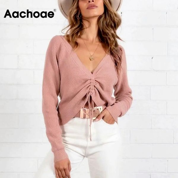 

aachoae women chic v образным вырезом drawstring sweater 2020 solid casual с длинным рукавом пуловер джемпер женская вязаная мода розовые то, White;black