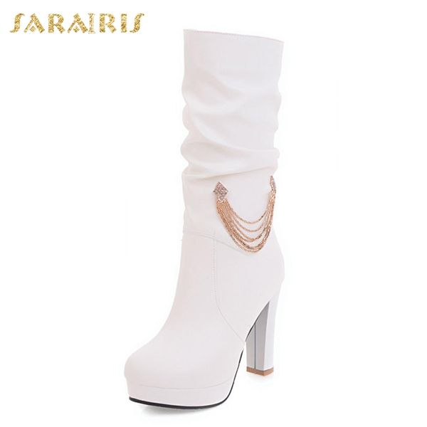 

sarairis 2019 dropship chains big size 32-43 slip on platform fur winter boots woman shoes high heels mid-calf boots women, Black