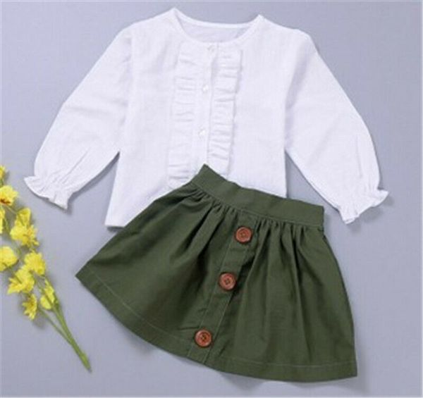 

2pcs toddler kids baby girl clothes sets 1-5y white long sleeve t-shirt +green skirts autumn outfit sets