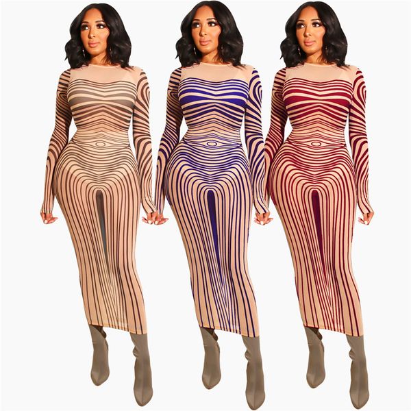 

long sleeve mesh package hip dress spring women striped print perspective sheath dress casual female plus size party dress nzk-1598, White;black
