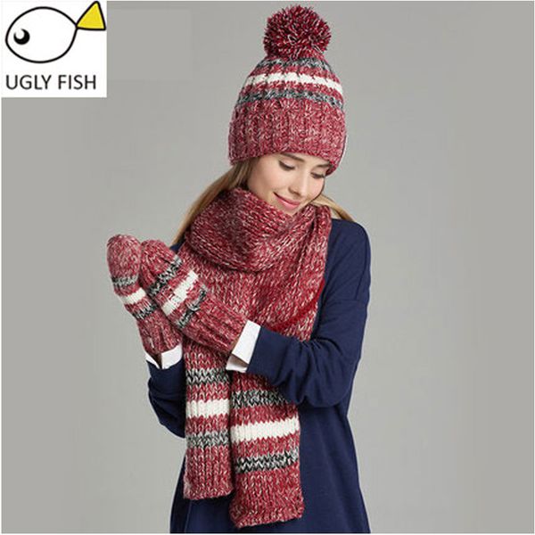 

woman winter hat and gloves sets cotton fashion women hat scarf gloves set solid and scarf set for women knitted, Blue;gray