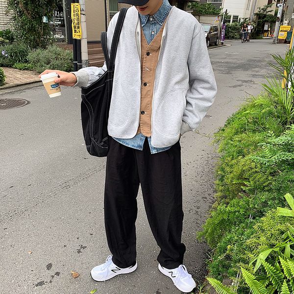 

2019 spring and autumn new japanese retro bf wind male v-neck plus velvet sweatshirt fashion casual solid color jacket m-xl, Black