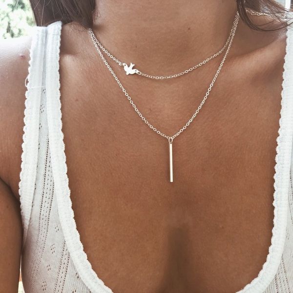 

pigeon necklace women multilayer bohemian style pigeon rectangular pendant chain necklaces women jewelry collares kpop, Silver