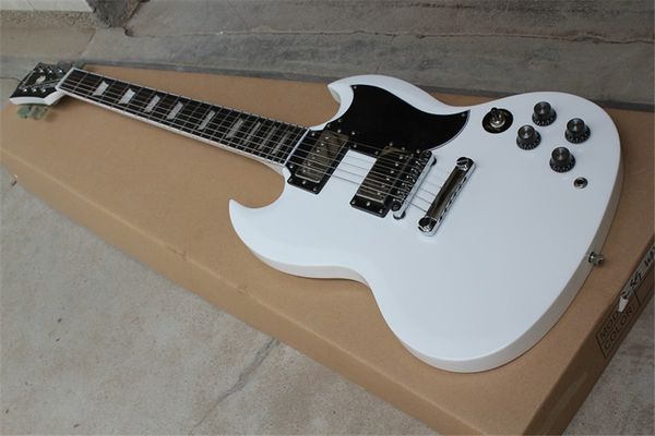 

бесплатная доставка завод заказа sg белой гитара, хром аппаратные, черный pickboard, красное дерево тело, розовый дерево гриф, lp пикапы