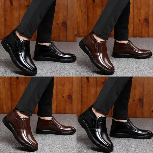 

men's high-plus velvet loafers casual waterproof non-slip cotton boots leather fabric men leather boots shoes, Black