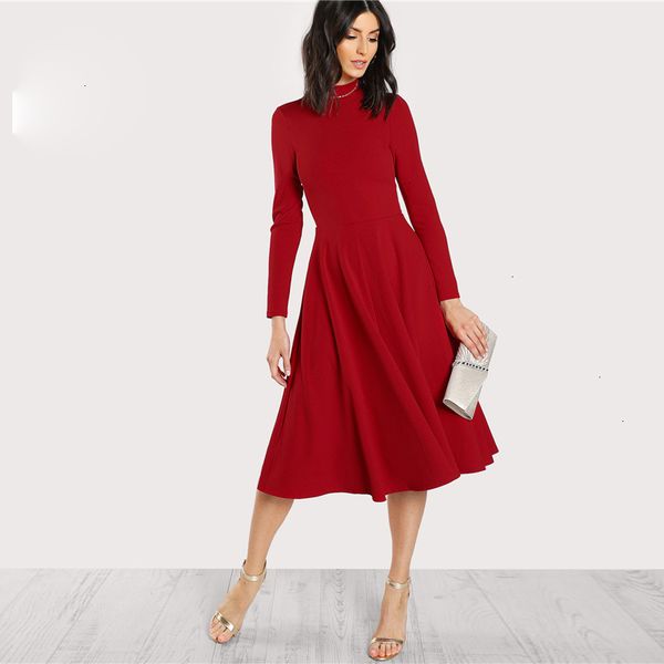 

long sleeve dress womens dresses plain fit and elegant midi dress office ladies mock neck pleated a line women fall party dress, Black;gray