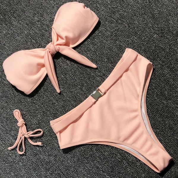 

high waist swimwear women solid bikini set bandeau bikini halter bandage bathing suit tie front swimming suit beachwear